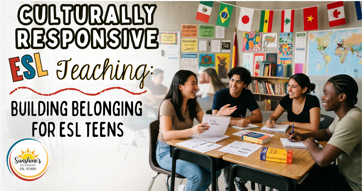 Diverse high school ESL students collaborating in a culturally responsive classroom environment