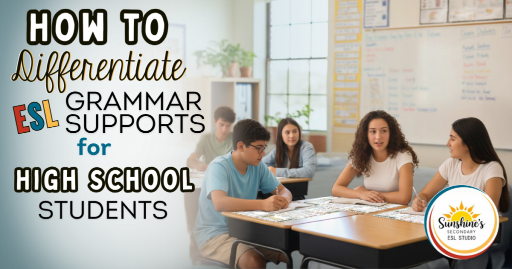 High school ESL students using grammar desk mats while working together in a classroom