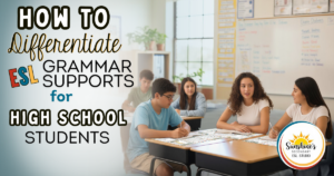 High school ESL students using grammar desk mats while working together in a classroom