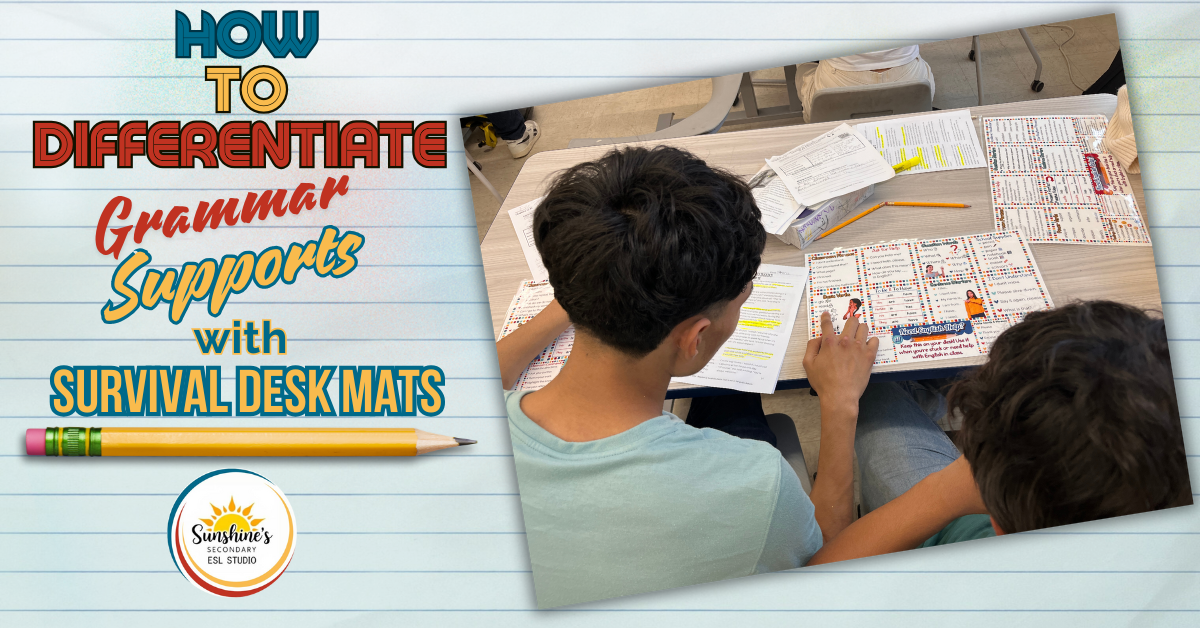 Students using survival English desk mats in class with the blog title "How to Differentiate Grammar Supports with Survival Desk Mats" displayed.