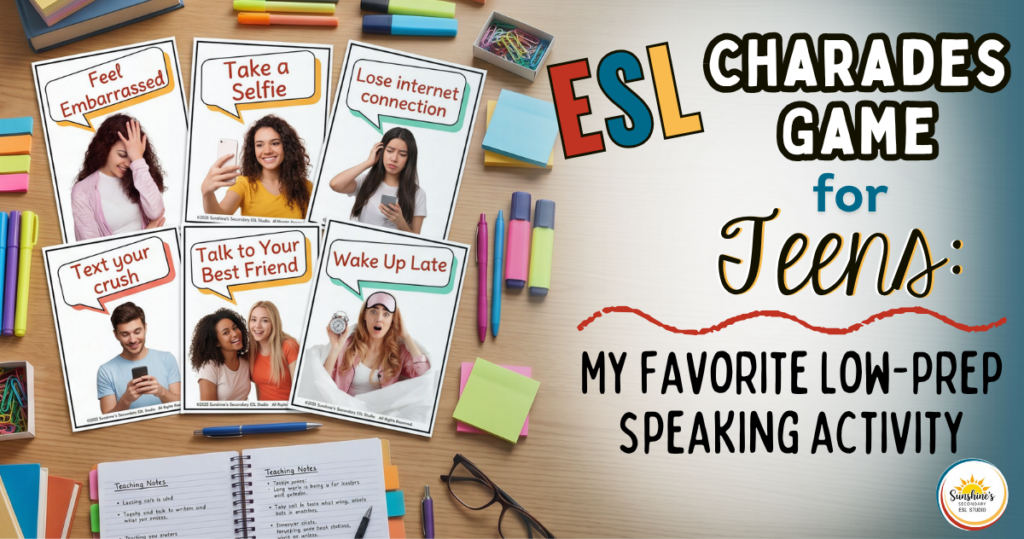 Teen-friendly ESL charades game cards on a classroom desk for a low-prep speaking activity in a high school ESL classroom