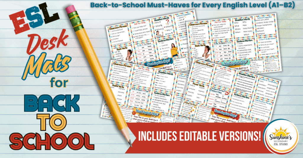 ESL desk mats for back to school featuring A1 to B2 English support with editable versions included