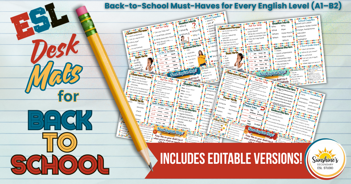 ESL desk mats for back to school featuring A1 to B2 English support with editable versions included