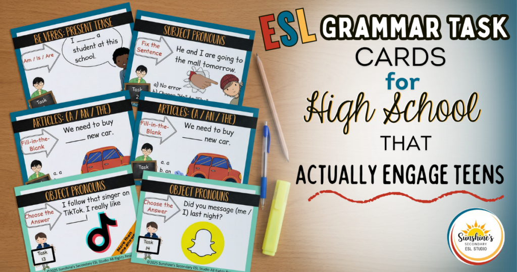 Teen-friendly ESL grammar task cards for high school students featuring interactive grammar review activities for secondary ESL classrooms