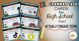 Teen-friendly ESL grammar task cards for high school students featuring interactive grammar review activities for secondary ESL classrooms