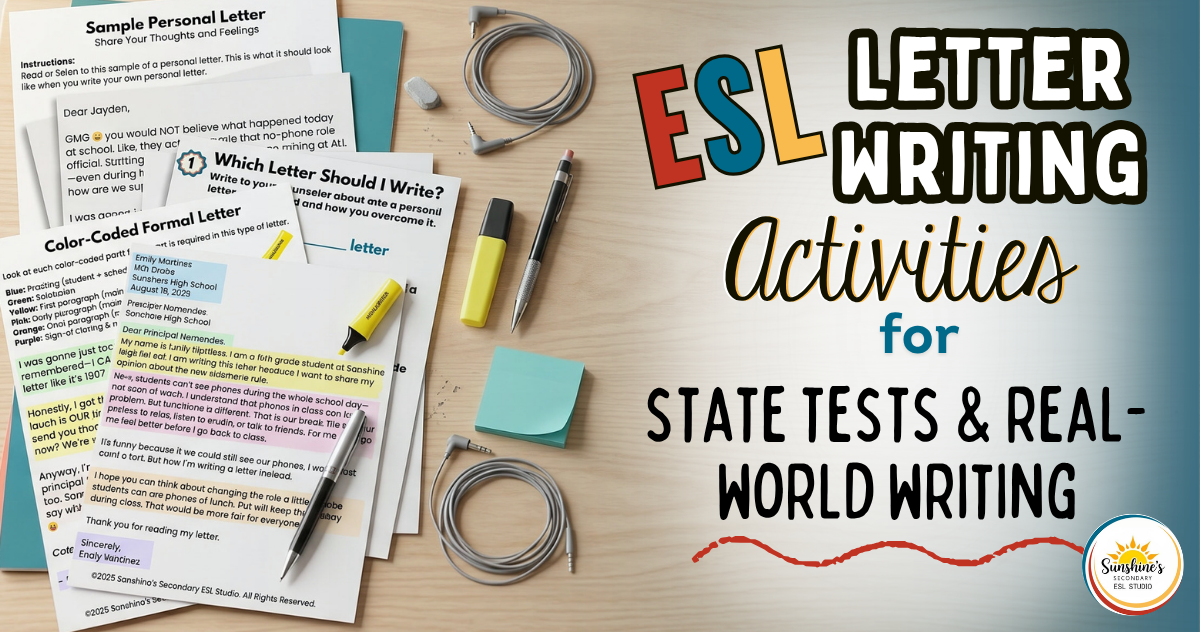 Top-down desk setup featuring ESL letter writing activities, formal and personal letter worksheets, and audio-supported writing resources for secondary students