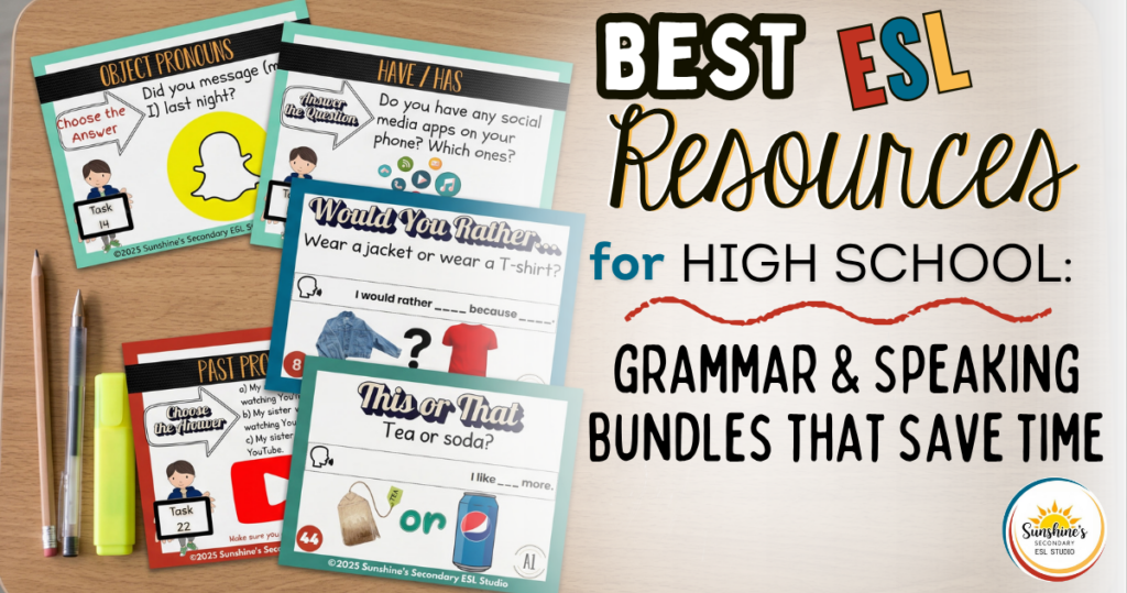 ESL resources for high school including grammar task cards and speaking activity cards on a student desk