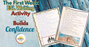 Student-created “Where I’m From” poems on notebook paper with colorful borders, representing a confidence-building ESL writing activity.