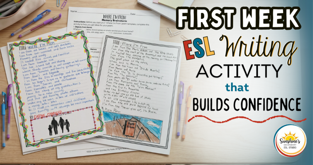 Top-down view of ESL identity poem worksheets and student writing samples for a first week high school ESL writing activity