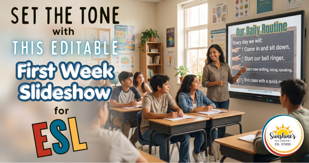 ESL teacher using a first week slideshow with Hispanic high school students to teach classroom routines
