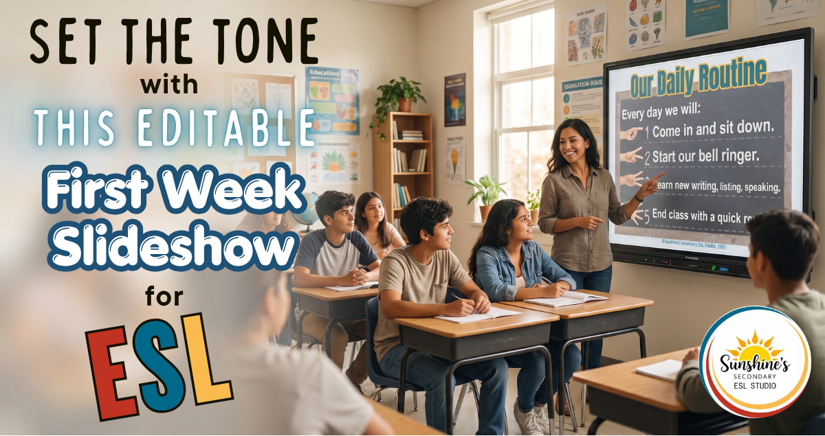 ESL teacher using a first week slideshow with Hispanic high school students to teach classroom routines