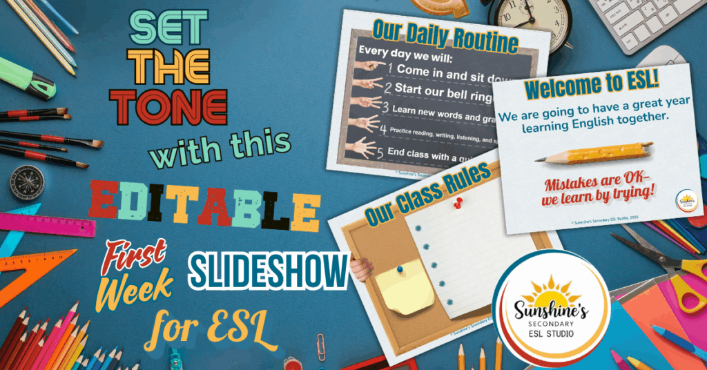 Colorful blog header with preview slides and title “Set the Tone with This Editable First Week Slideshow for ESL” for teachers of English learners.