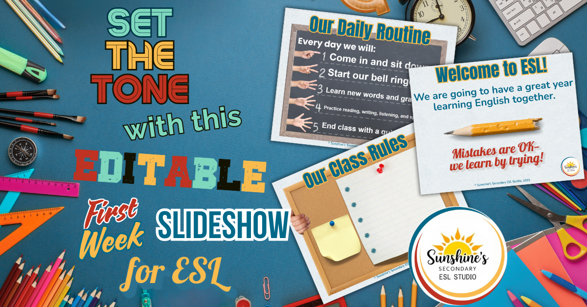 Colorful blog header with preview slides and title “Set the Tone with This Editable First Week Slideshow for ESL” for teachers of English learners.