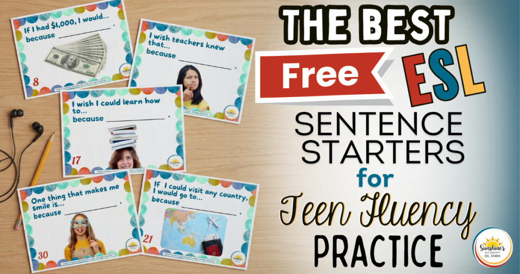 Teen ESL sentence starter task cards with audio support displayed on a high school desk for speaking fluency practice