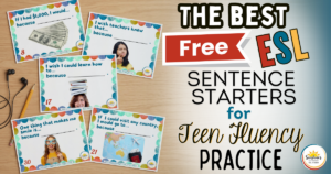 Teen ESL sentence starter task cards with audio support displayed on a high school desk for speaking fluency practice