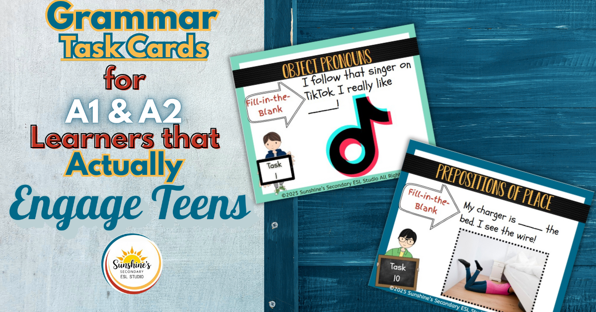 Colorful image showing ESL grammar task cards for A1 and A2 teens, including examples for object pronouns and prepositions of place.