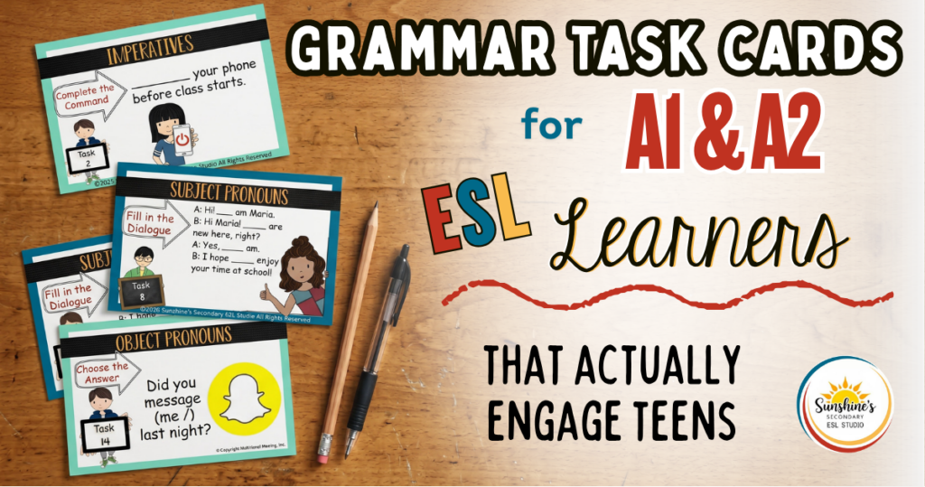grammar task cards for ESL teens A1 A2 classroom activity on a high school desk