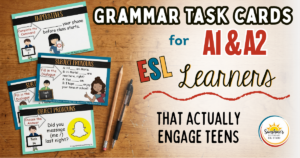 grammar task cards for ESL teens A1 A2 classroom activity on a high school desk