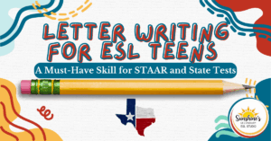 Letter Writing for ESL Teens blog header with pencil and Texas STAAR reference