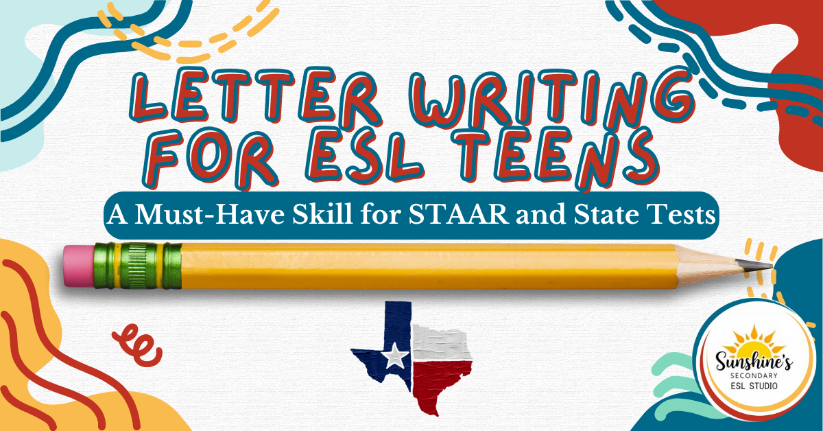 Letter Writing for ESL Teens blog header with pencil and Texas STAAR reference