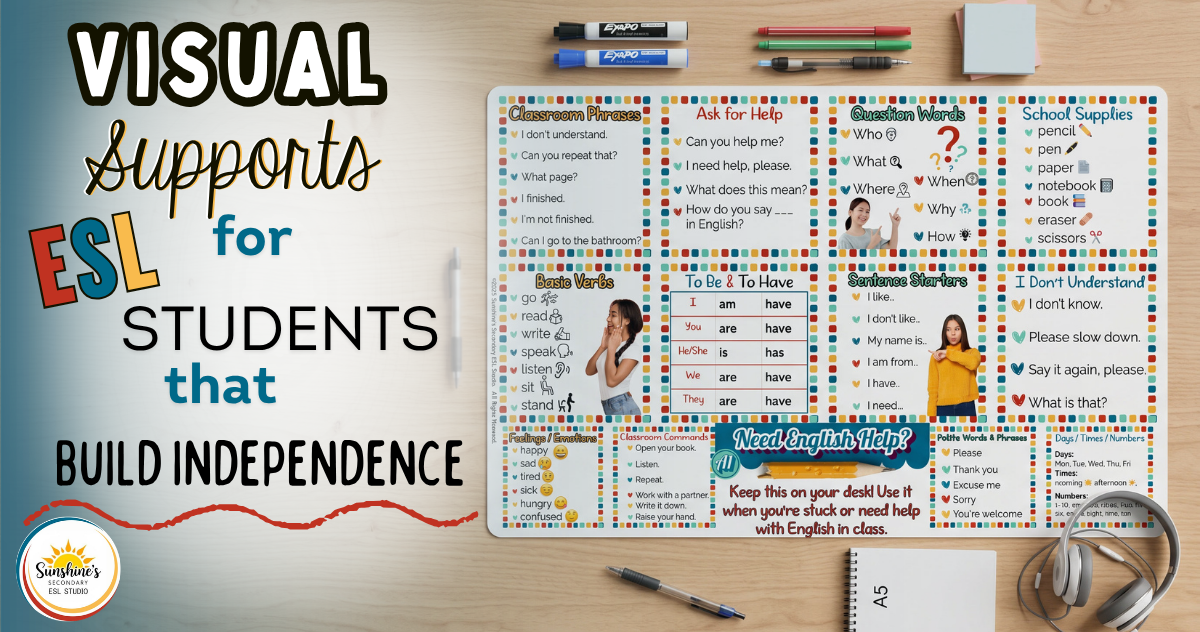 Top-down view of a secondary ESL visual support desk mat with sentence starters, classroom phrases, grammar references, and beginner English supports