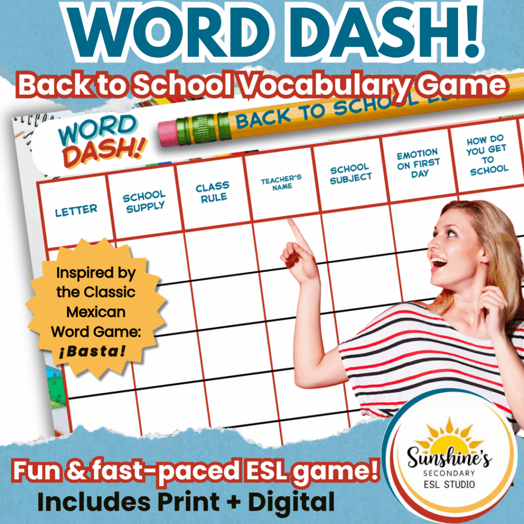 Cover image for Word Dash Back to School Vocabulary Game, a printable ESL activity inspired by the classic Mexican game Basta