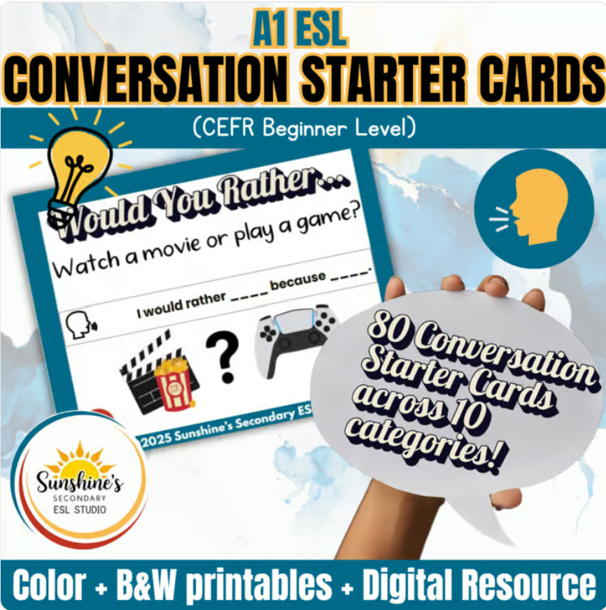 Printable A1 ESL conversation starter cards for beginners with 80 prompts across 10 categories.