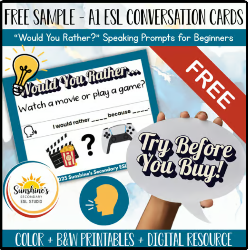 Free A1 ESL conversation card sample with “Would You Rather?” speaking prompt for beginner English learners.
