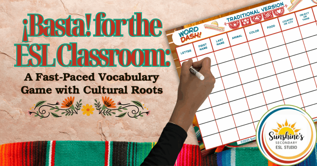 A student playing the traditional version of Word Dash, an ESL vocabulary game inspired by the Mexican game Basta.