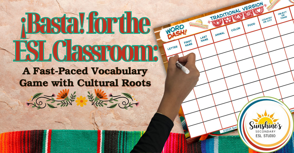 A student playing the traditional version of Word Dash, an ESL vocabulary game inspired by the Mexican game Basta.