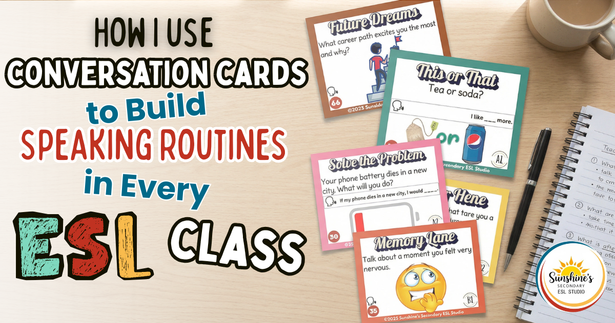 Conversation cards on a classroom desk used to build ESL speaking routines for teen English learners