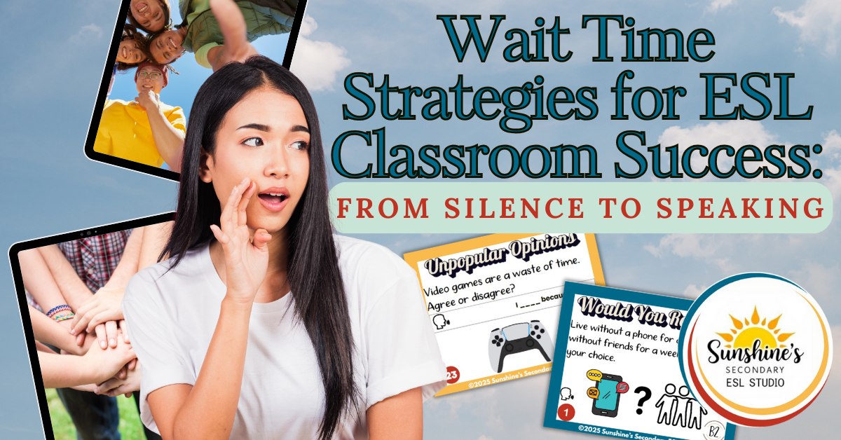 Blog header image with “Wait Time Strategies for ESL Classroom Success: From Silence to Speaking” and ESL conversation cards.