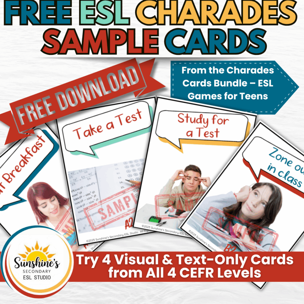 Cover image for “Free ESL Charades Sample Cards,” showing four sample charades cards with actions like “Take a Test” and “Zone out in class,” labeled as a free download from the ESL Charades Cards Bundle.