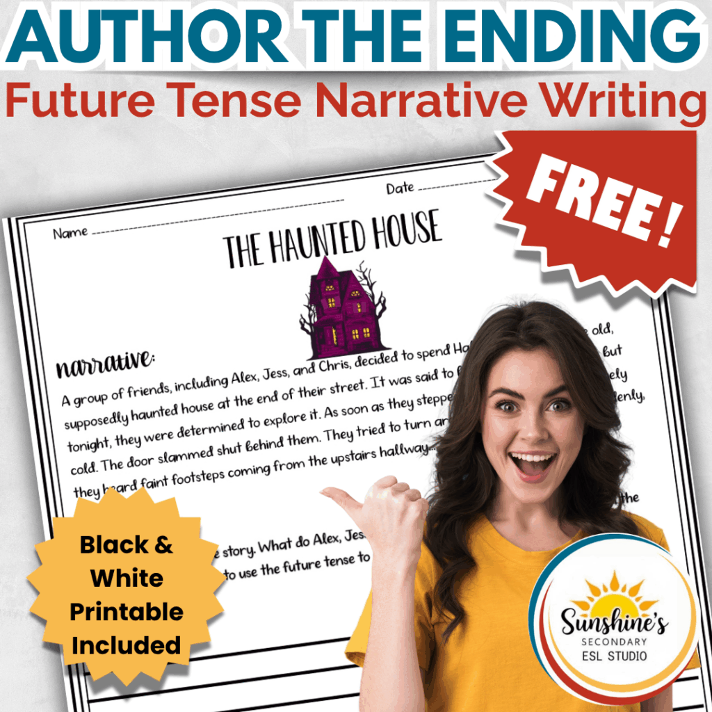 Cover image for “Author the Ending – Free Future Tense Narrative Writing Activity,” showing a printable haunted house story starter with a purple house illustration and a smiling student pointing to the worksheet.