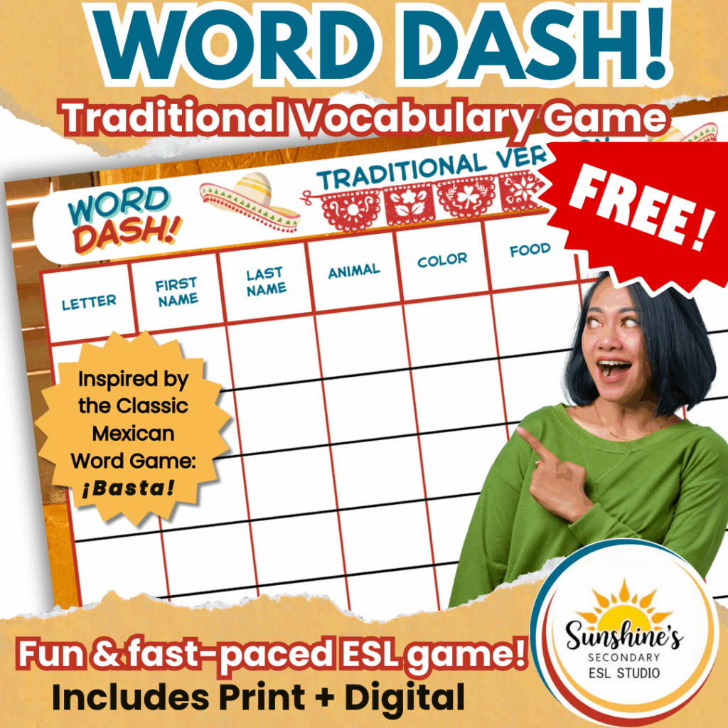 Cover image for “Word Dash! Free Traditional ESL Vocabulary Game,” showing a printable game board inspired by the Mexican word game ¡Basta! with a red FREE banner and a smiling student pointing to the template.