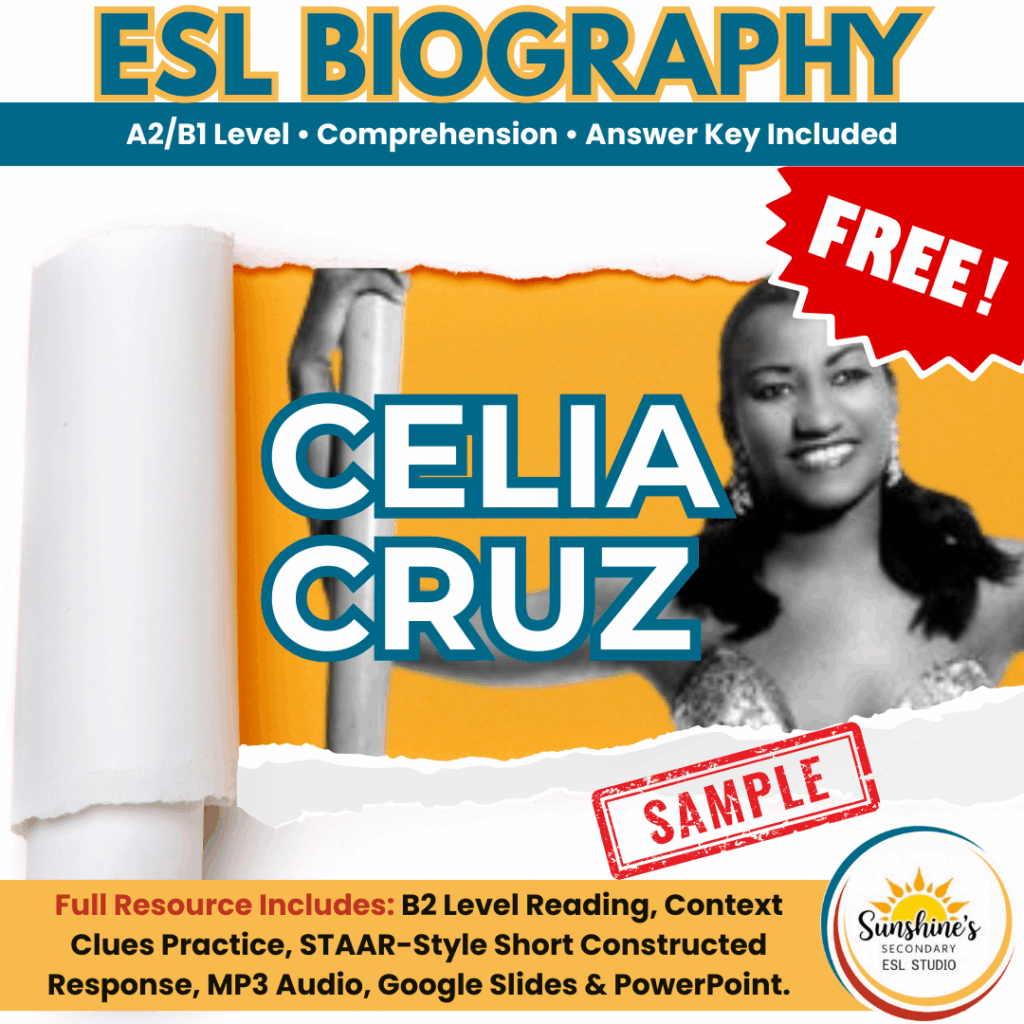 Cover image for “Free ESL Biography Sample – Celia Cruz,” showing a bright orange background with a black-and-white photo of Celia Cruz, a red FREE label, and text highlighting A2/B1 level comprehension with answer key.