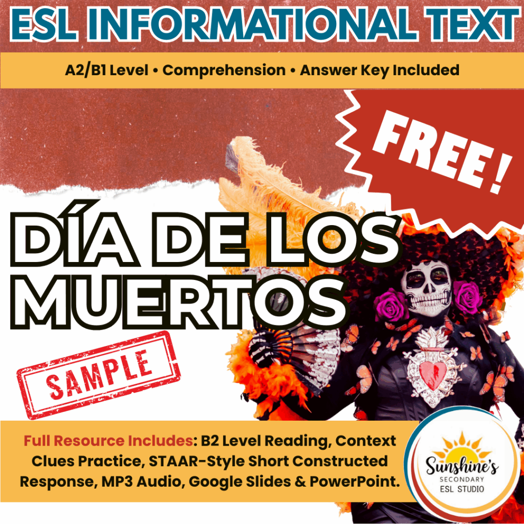 Cover image for “Free ESL Informational Text – Día de los Muertos,” showing a vibrant photo of a person in traditional Day of the Dead costume with a red FREE label and a SAMPLE stamp.