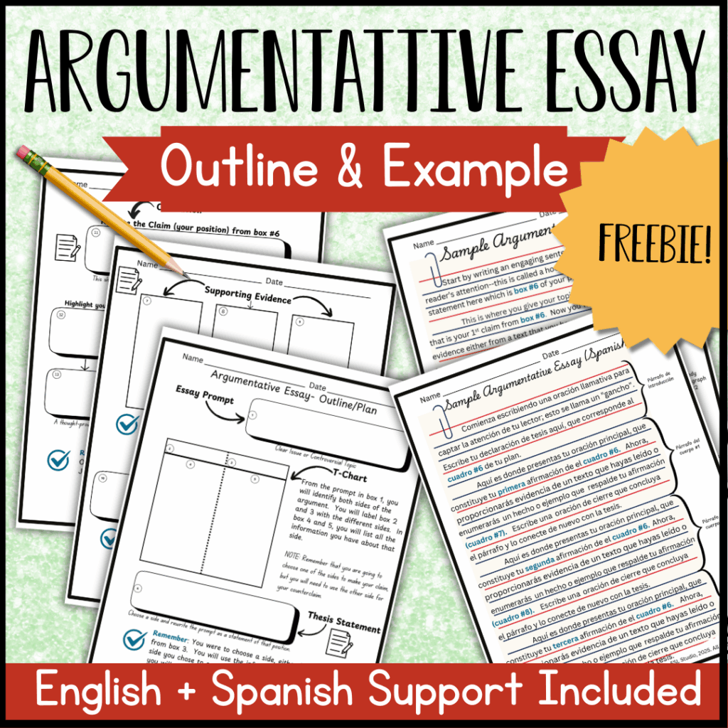 Cover image for “Free Argumentative Essay Outline & Example,” showing printable outline pages and a sample essay with both English and Spanish support, plus a yellow FREEBIE label.