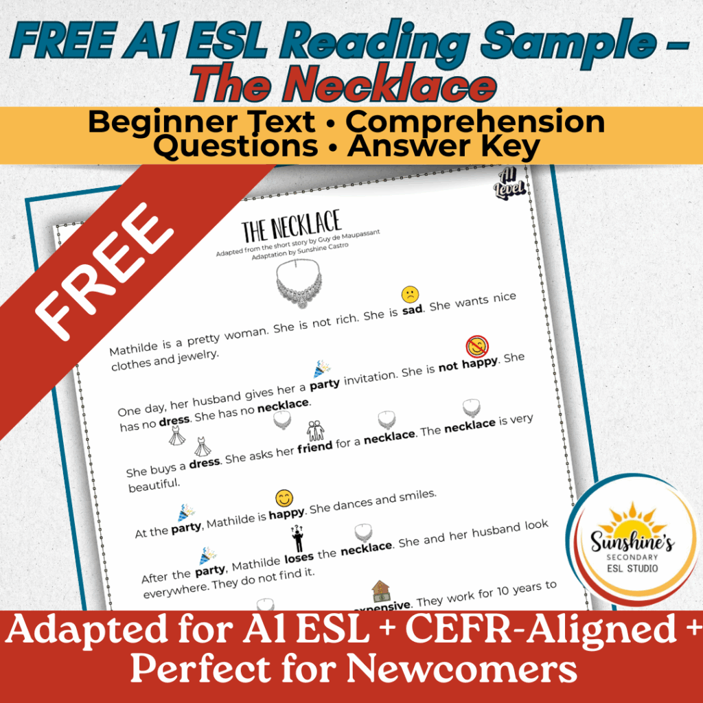 Cover image for “Free A1 ESL Reading Sample – The Necklace,” showing a simplified beginner text with icons, comprehension questions, and a red FREE banner.