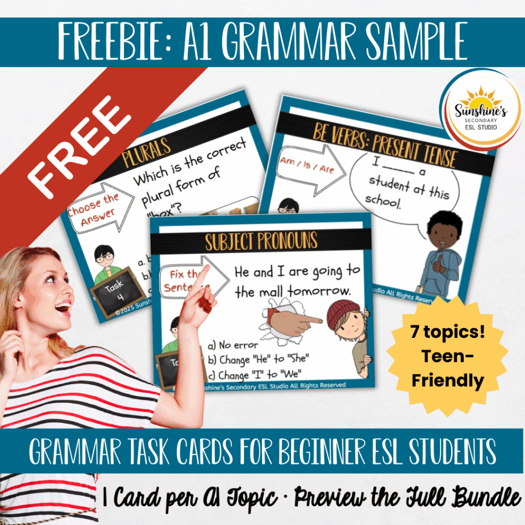 Cover image for “Freebie: A1 Grammar Sample – ESL Grammar Task Cards,” featuring colorful task card previews on plurals, be-verbs, and subject pronouns with a large red FREE banner.