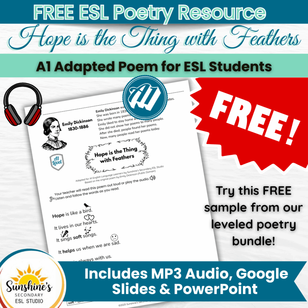 Cover image for “Free ESL Poetry Resource – Hope is the Thing with Feathers,” showing an A1-level adapted poem sheet with MP3 audio, Google Slides, and PowerPoint included, plus a large red FREE banner.