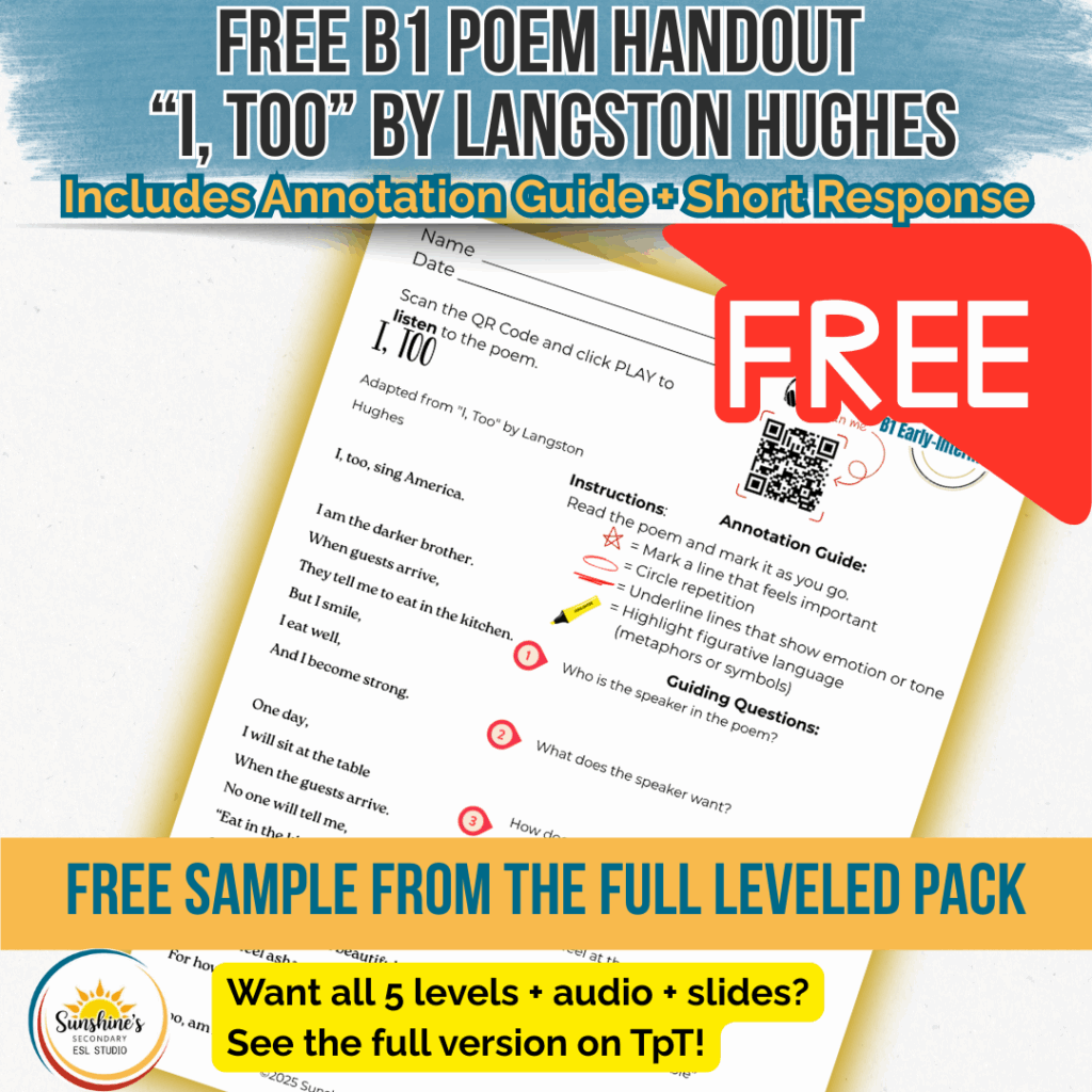 Cover image for “Free B1 Poem Handout – ‘I, Too’ by Langston Hughes,” featuring a printable poetry worksheet with QR code, annotation symbols, and a bold red FREE label.