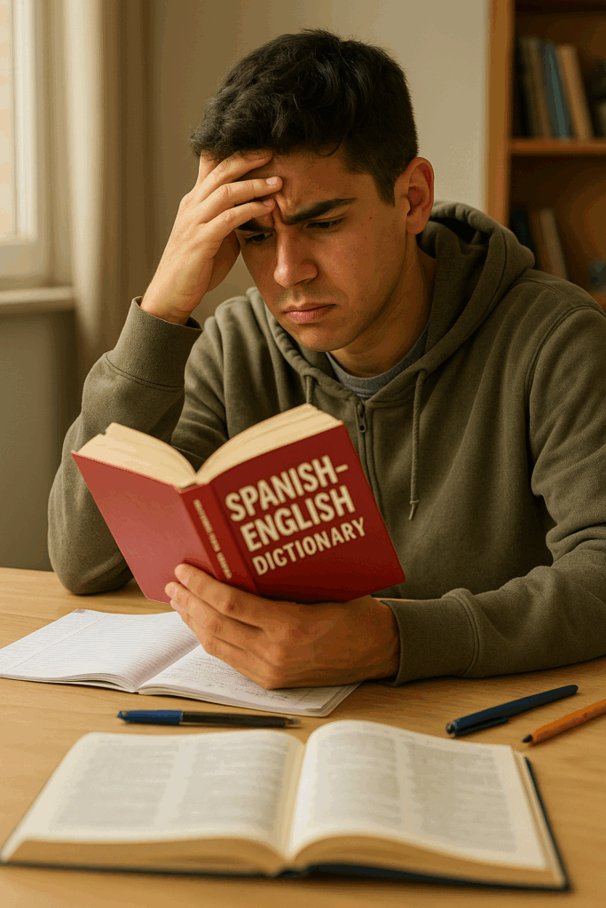 Hispanic teenage boy sitting at a desk, looking frustrated while holding a Spanish-English dictionary with notebooks and pens scattered on the table.