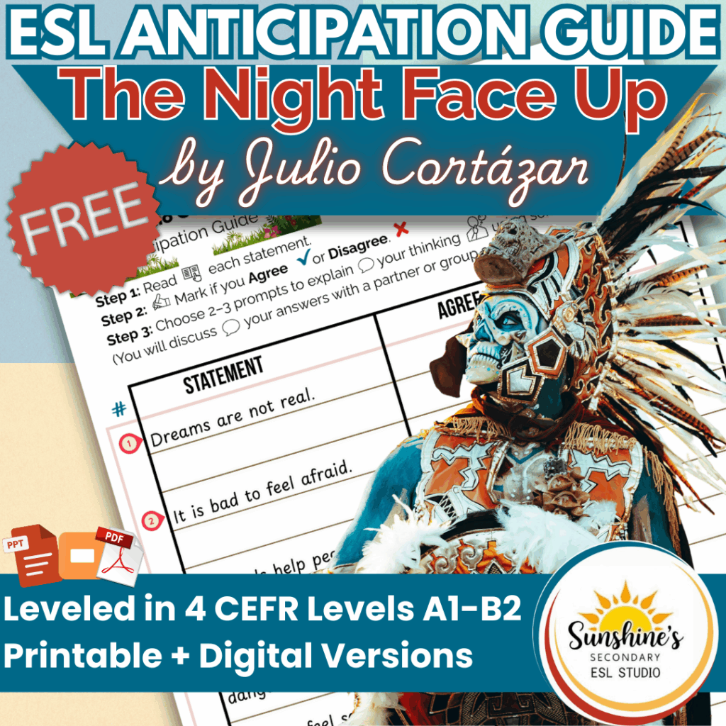 Cover image for “Free ESL Anticipation Guide – The Night Face Up by Julio Cortázar,” showing a printable anticipation guide with agree/disagree statements and a colorful Aztec-inspired illustration.