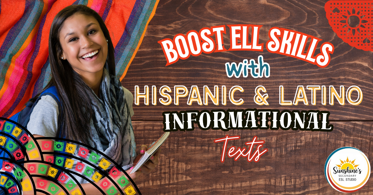 Smiling teen with notebook beside colorful textile background and text “Boost ELL Skills with Hispanic & Latino Informational Texts,” blog header image.