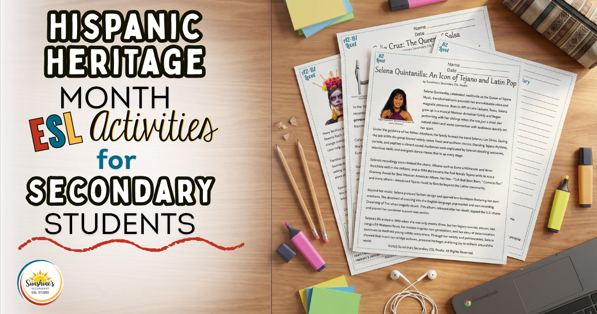 Hispanic Heritage Month ESL activities featuring Celia Cruz, Selena Quintanilla, and Día de los Muertos informational texts for secondary English learners