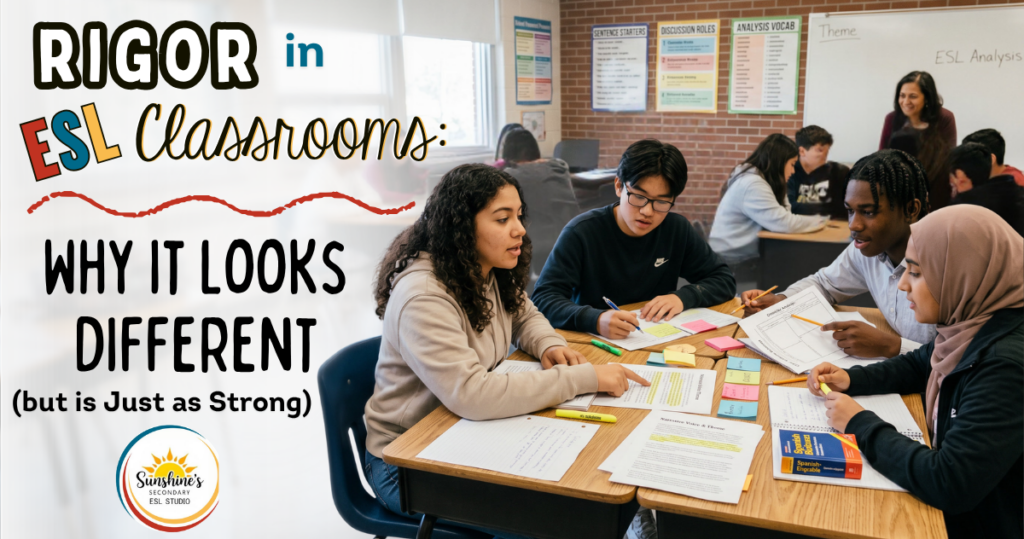 High school ESL students participating in rigorous collaborative learning with scaffolds, discussion supports, and academic language activities.