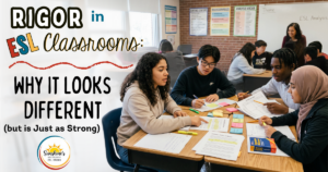 High school ESL students participating in rigorous collaborative learning with scaffolds, discussion supports, and academic language activities.