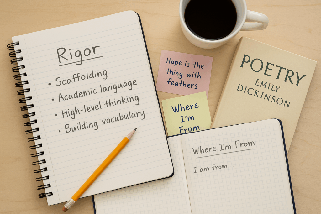 What does rigor look like in ESL classrooms — flat lay of poetry notes, books, and teacher desk materials for secondary ESL instruction.