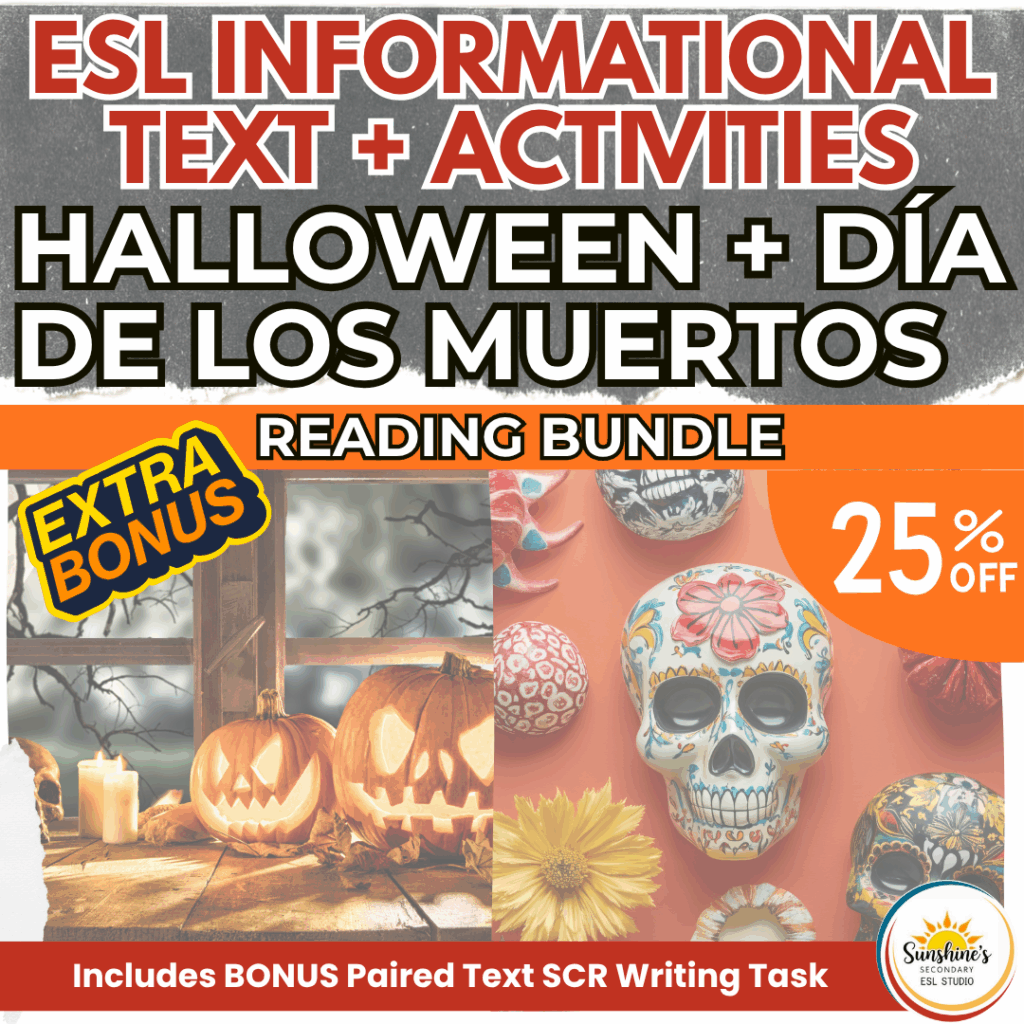 Cover for Halloween and Día de los Muertos ESL Reading Bundle showing pumpkins, sugar skulls, and text highlighting leveled readings, comprehension, and writing activities.